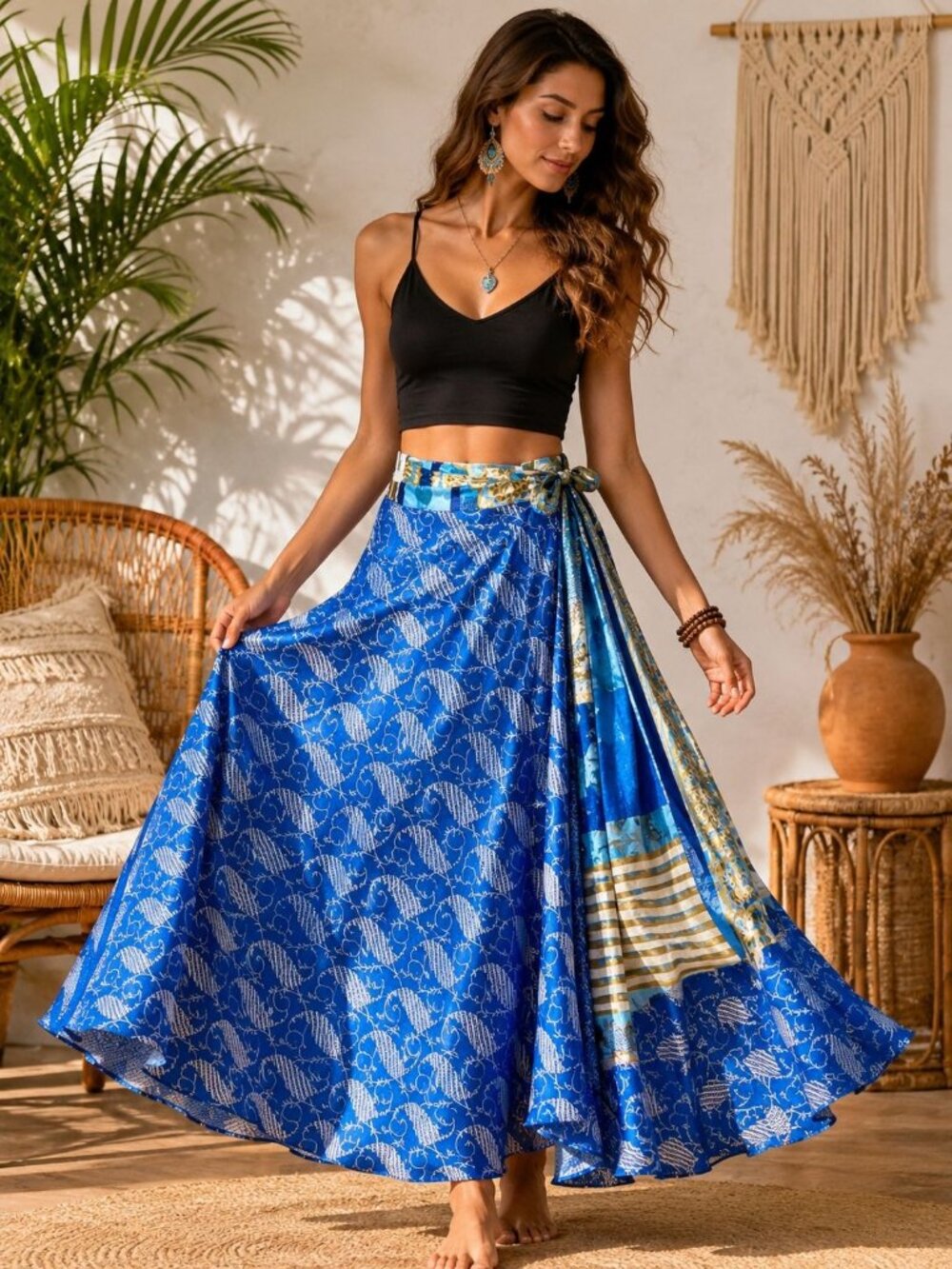 Reversible Sari Silk Magic Wrap Skirt Blue Boho Festival Maxi Dress One Size